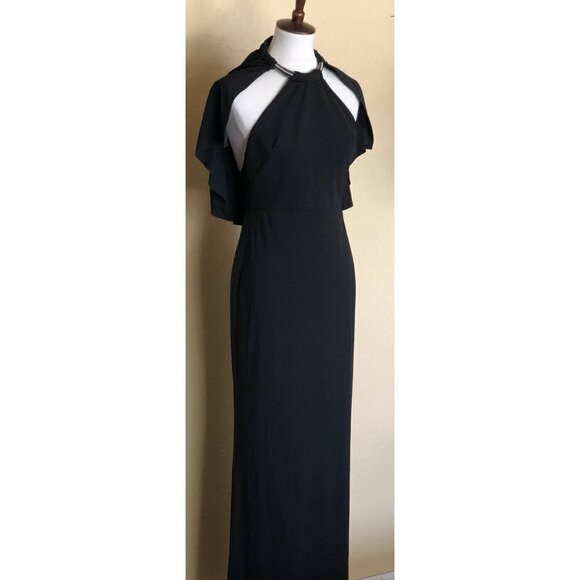 A.B.S. By Allen Schwartz Black Jersey Halter cape Sleeve Maxi Dress size M - Picture 12 of 12